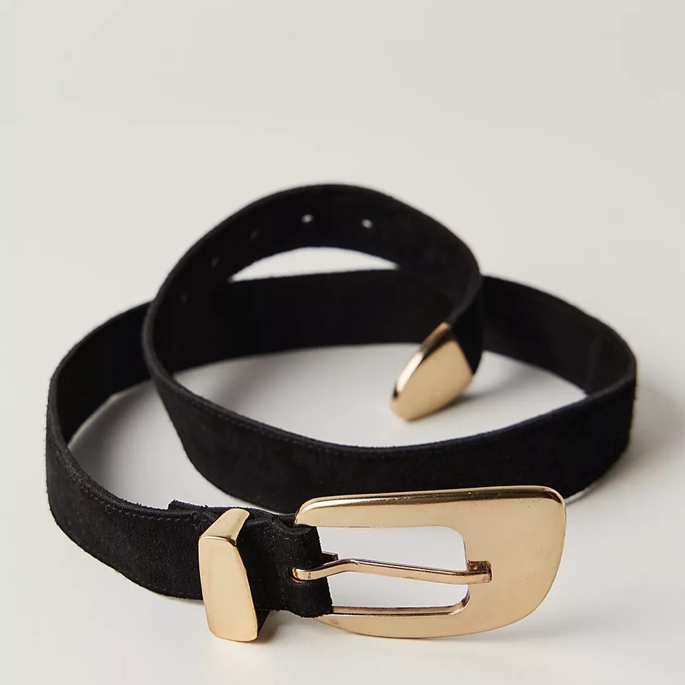 Free People Dover Black Suede Belt with Geometric Gold Buckle